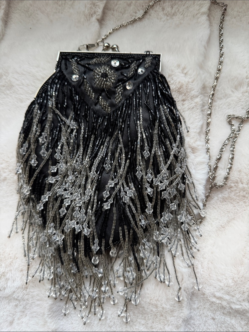 Vintage Beaded Fringe Evening Bag - Black/Silver - Picture 2 of 9